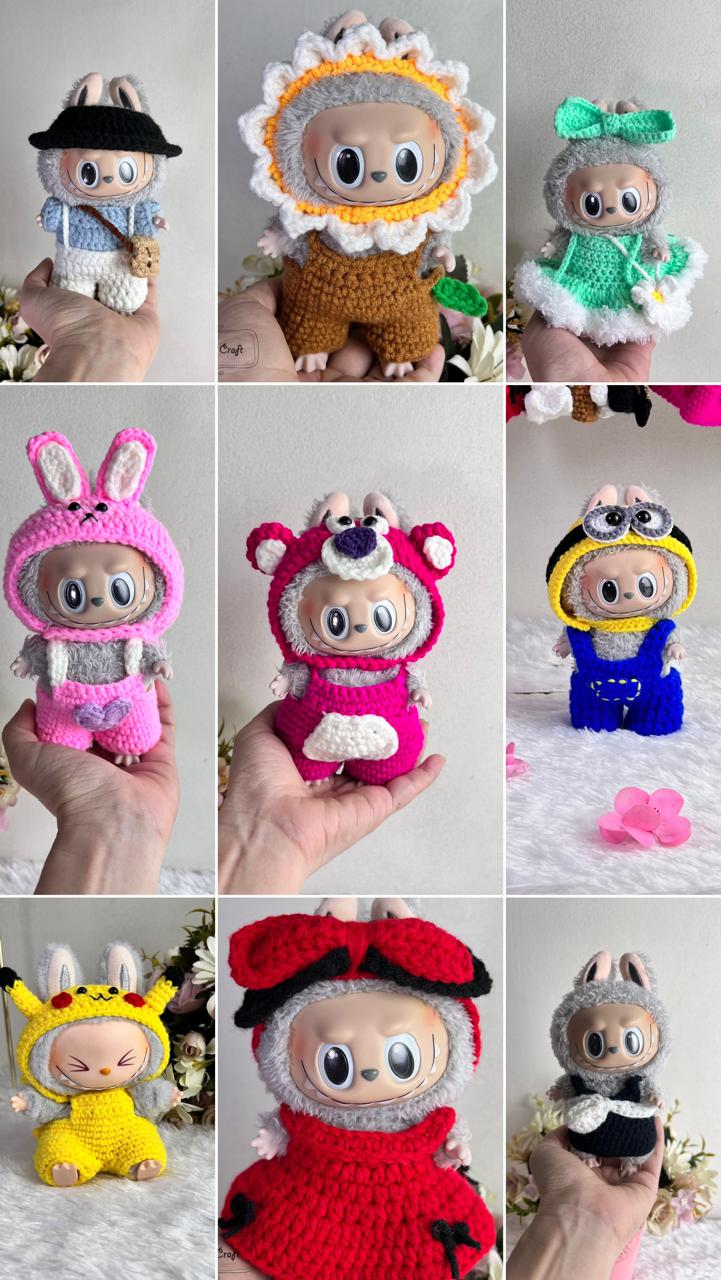 Vêtements Au Crochet Pour Poupée Labubu 17 Cm – Ensemble Fait Main : Pull, Chapeau, Sac, Appareil Photo, Bouteille