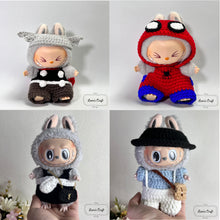 Load image into Gallery viewer, Labubu crochet clothes thor, spiderman heroes costume, customize Labubu crochet outfit
